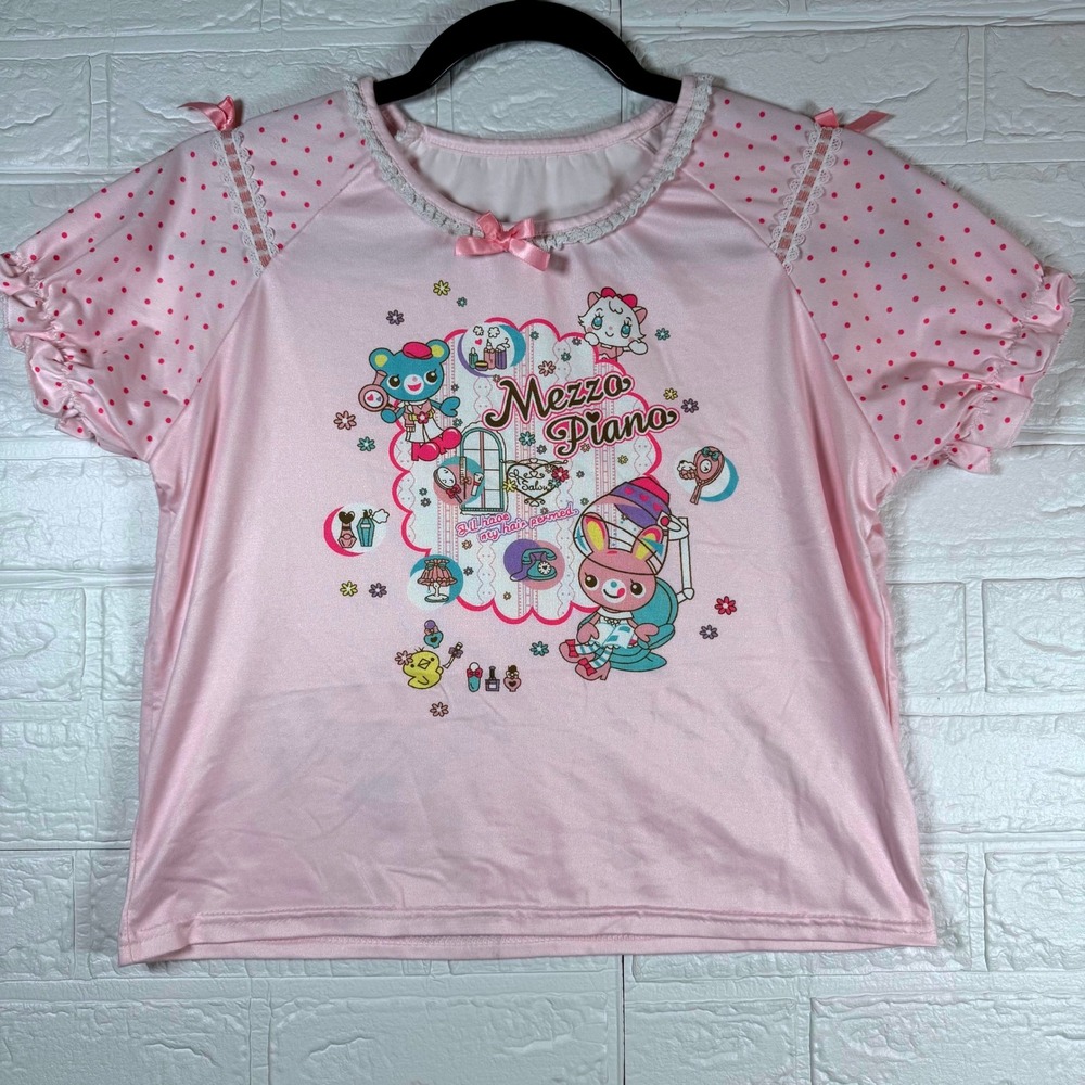 Mezzo Piano Graphic T-Shirt Kids Size 160 Pink Polka Dot Lace Bow Kawaii Tee